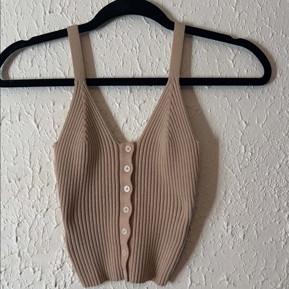 Aerie Ribbed Button-Front Tank Top in Beige
